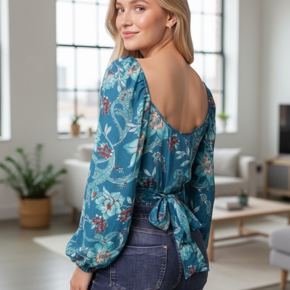 Floral Print V-Neck Long Sleeve Wrap Blouse Size M Blue & Teal - Picture 8 of 8